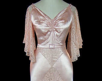 1930s blush pink evening gown or wedding dress, antique art-deco lace and silk charmeuse, sleeveless, jeweled belt buckle