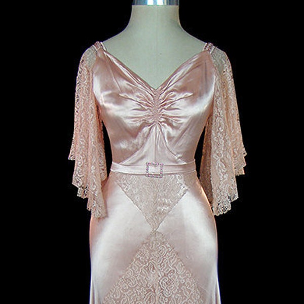 1930s blush pink evening gown or wedding dress, antique art-deco lace and silk charmeuse, sleeveless, jeweled belt buckle