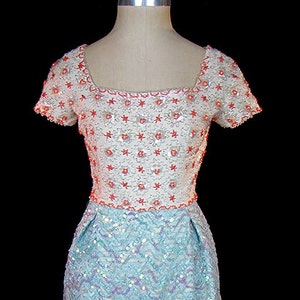 1950s / 1960s beaded sequined dress, blue orange white, lace trim, heavily embellished cocktail evening reception party dress image 1