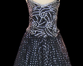 Oscar de la Renta vintage dress, silver sequined black silk & silver dotted black tulle, couture formal evening or party dress, sleeveless