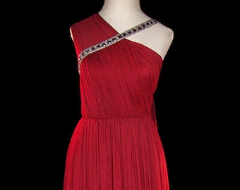 Jean Dessès gown, vintage red silk chiffon goddess dress, french couture draping, 1950s 1960s red carpet formal evening wear, beaded jeweled