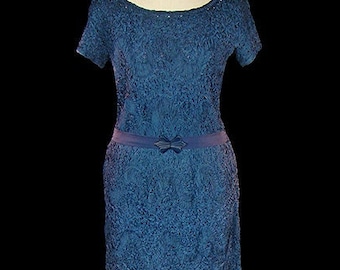 1930s gown, midnight blue ribbon & silk chiffon, art deco belt buckle, evening, formal, red carpet dress, short sleeves, trumpet hem