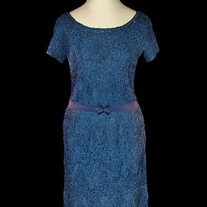 1930s gown, midnight blue ribbon & silk chiffon, art deco belt buckle, evening, formal, red carpet dress, short sleeves, trumpet hem