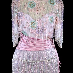 Zandra Rhodes beaded fringe dress, 1980s avant garde cocktail wedding reception cocktail MOB, silk satin, body con, 80s  pink mauve flowers