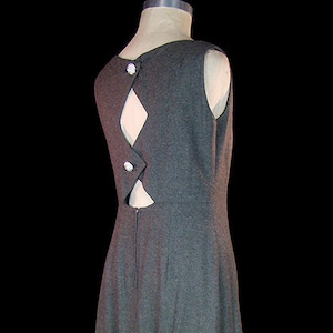 Pierre Cardin gown, vintage gray wool flannel & silk chiffon dress, couture 1960s 1970s, sleeveless, open back cut outs, rhinestone buttons