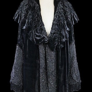 Antique jet beaded coat, black velvet silk jacket, Victorian 1800s 1910 1920s art deco, mourning gown cape mantle, opera coat, shawl collar