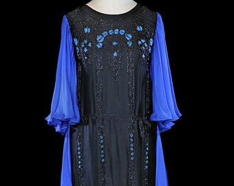1920s gown, flapper era beaded art deco dress, rare antique couture Gatsby gown, blue black silk, arts & crafts, orientalist, authentic