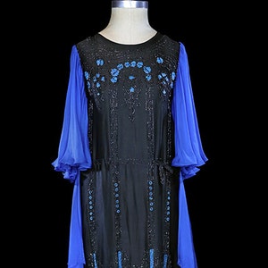 RESERVED - 1920s gown, flapper era beaded art deco dress, rare antique couture Gatsby gown, blue black silk, arts & crafts, orientalist