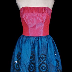 Pierre Cardin dress vintage couture sequin cocktail evening strapless mini red blue color block taffeta mod 1960s 1970s 1980s 60s 70s 80s
