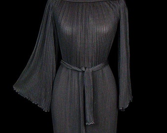 Giorgio Armani black plisse knit gown, maxi dress, long angel wing sleeves, sash belted tied waist, designer couture