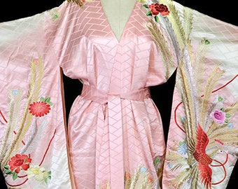 Antique robe, embroidered kimono dressing gown, art deco flowers floral long dramatic vintage furisode pink, gold silver metallic, belted