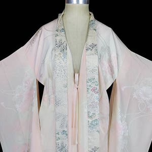 1930s Art Deco dressing gown, kimono robe, silk floral furisode, antique couture, peach pink ivory, 1920s 1940s