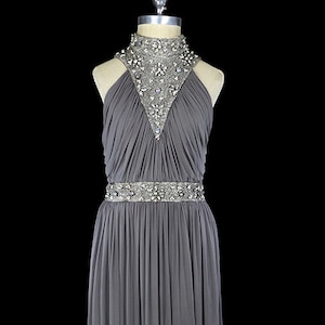 1940 gown, beaded chiffon dress, art-deco sleeveless halter, rhinestone gray grey silk grecian goddess, 1930s 1940s 1950s red carpet, train
