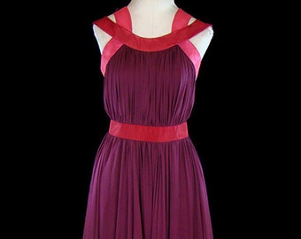 Jean Dessés gown, vintage silk chiffon goddess dress, pink & red silk taffeta trims, french couture draping, 1950s / 1960s formal evening