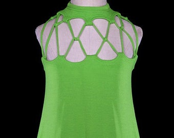 Rudi Gernreich dress, museum worthy vintage couture cocktail, work, evening, mod wool mini space age modernist, sleeveless 1960s 1970s green