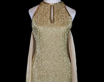 Halston beaded gown, gold glass halter gown, silk chiffon train, open back racer T backless, 1970s couture red carpet heavily beaded keyhole