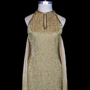 Halston beaded gown, gold glass halter gown, silk chiffon train, open back racer T backless, 1970s couture red carpet heavily beaded keyhole