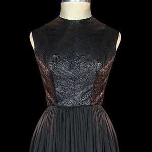 Travilla dress, 1950s vintage black silk evening gown, metallic lame, sleeveless 1960s formal cocktail evening LBD, William 50s