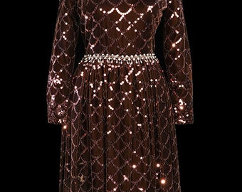 George Halley 1960s gown, sequined brown velvet dress, heavily beaded jeweled couture maxi, 1960s 1970s, long sleeve, rhinestones crystals