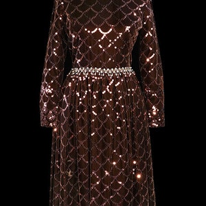 George Halley 1960s gown, sequined brown velvet dress, heavily beaded jeweled couture maxi, 1960s 1970s, long sleeve, rhinestones crystals
