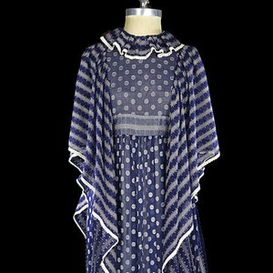 1960s British couture maxi dress, Gina Fratini ruffled collar angel wing sleeves, boho bohemian festival gown, 1970s victorian, blue white