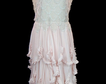 1930s gown or wedding dress, beads & palest pink––near ivory––silk chiffon ruffles, fairytale fantasy, sleeveless, couture bridal flapper