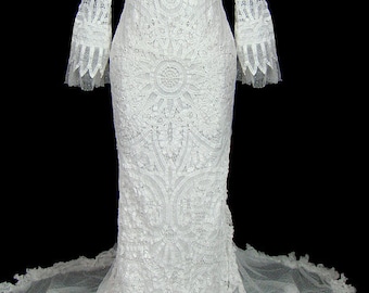 Wedding dress antique battenburg lace gown with train and sleeves, vintage 1930s tape lace, post edwardian couture