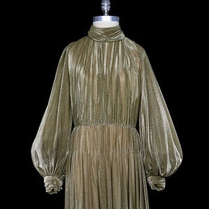 Luis Estevez maxi dress, gold metallic gown, bishop sleeves, 1960s 1970s 60s 70s gown grecian goddess, metallic lame, high neck floor length image 1