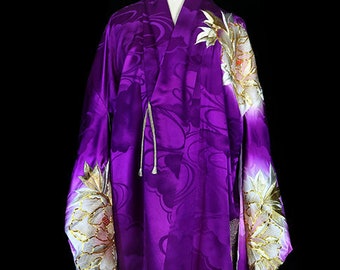 Antique embroidered silk kimono, robe coat dressing gown, 1920s furisode, purple ivory floral flowers, art deco, gold metallic embroidery