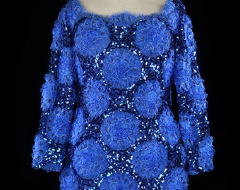 Givenchy blue sequin dress, long sleeve cocktail, rare vintage French couture gown reception evening formal, passamenterie trim bright color