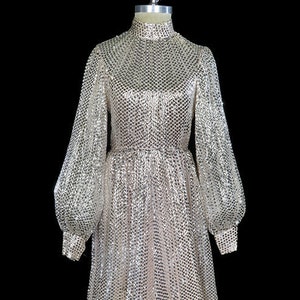 Lisa Meril sequined gown, silver sequin pink silk maxi dress, bishop sleeves, heavily beaded couture, 1960s 1970s 1980s, long sleeve, modest