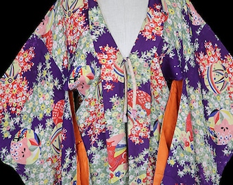 Antique silk kimono, haori jacket or robe dressing gown, 1920s 1930s 1940s, ivory purple orange flowers, art deco, long sleeves short