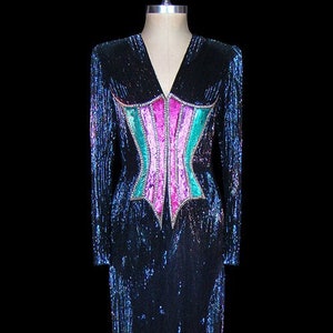 Bob Mackie vintage beaded gown, heavily beaded couture dress, evening formal red carpet, 1980s 80s 80&#39;s, long sleeves, faux corset