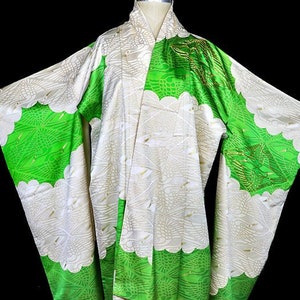 Vintage silk kimono, robe, coat or dressing gown, ivory white green gold embroidered furisode cranes birds clouds floor length long sleeves
