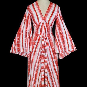 1970s Victor Costa striped maxi dress, red white, bell angel wing sleeves, couture day work office evening, 1960s 1970s 60s 70s, belted gown