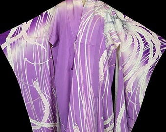 Art Deco silk peacock furisode kimono, robe or coat or dressing gown, feathers bird of paradise, long dramatic, antique vintage tomesode