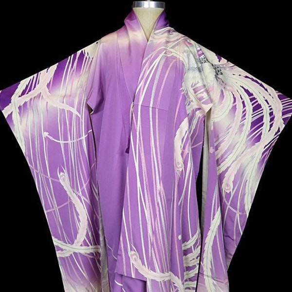 Art Deco silk peacock furisode kimono, robe or coat or dressing gown, feathers bird of paradise, long dramatic, antique vintage tomesode