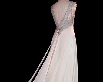 1930s Art Deco wedding, evening dress, beaded silk gown, dual chiffon trains, Grecian goddess vintage post-flapper couture Jean Harlow style