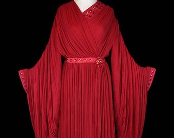 1930s Art Deco kimono robe, dressing gown, evening gown, red silk chiffon furisode, glass jeweled, rare red carpet, antique couture, 1920s