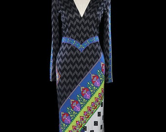 1960s Italian couture maxi dress, silk jersey gown, long sleeve, Veneziano, op art pattern, black gray blue yellow white ivory, 1970s boho