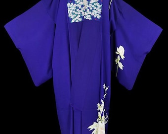 Vintage silk kimono, robe or coat or dressing gown, blue ivory satin furisode, floral flowers, floor length long sleeves