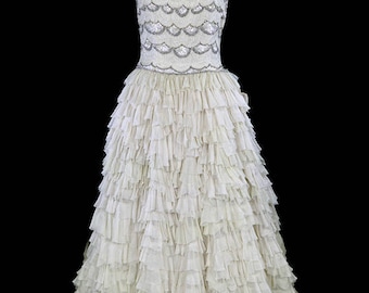 1940s beaded gown, wedding, huge ruffled silk chiffon skirt, sleeveless, golden beige ivory, sequins, vintage couture evening formal