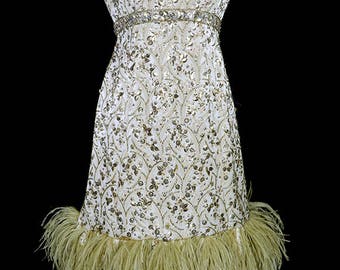 Givenchy gold metallic brocade dress, beaded jeweled, ostrich feather trim hem, vintage French couture, reception evening formal, sleeveless