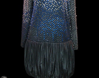 Vintage Yves Saint Laurent blue silver beaded black knit sweater dress silk taffeta hem, long sleeves, mod, space age french couture