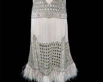 1920s flapper era dress, heavily beaded silk chiffon wedding or evening dress, Art Deco jeweled rhinestones, ostrich feather, pintucks, 1930