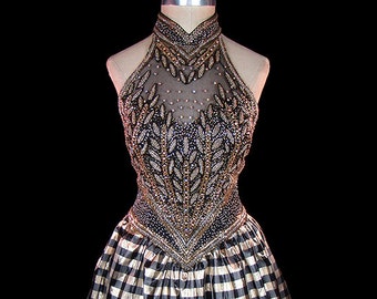 Oscar de la Renta dress, beaded gold and black backless halter, rhinestones, metallic lame skirt, couture party dress, plaid stripes