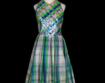 Mary McFadden Couture plaid sequin and silk taffeta ball gown halter maxi dress open back vintage red carpet dress ballgown