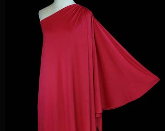 Halston single sleeve toga dress, vintage grecian goddess evening gown, red draped jersey 1970s 80s couture red carpet 1 one shoulder