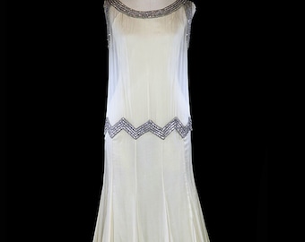 1930 gown, beaded silk chiffon wedding or evening dress, Art Deco jeweled rhinestones, sleeveless, Jean Harlow style ivory goddess 1920