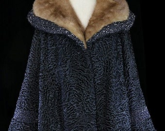 Elsa Schiaparelli curly persian lamb coat, big mink collar, beaded trims, near antique designer french couture jacket, black blue